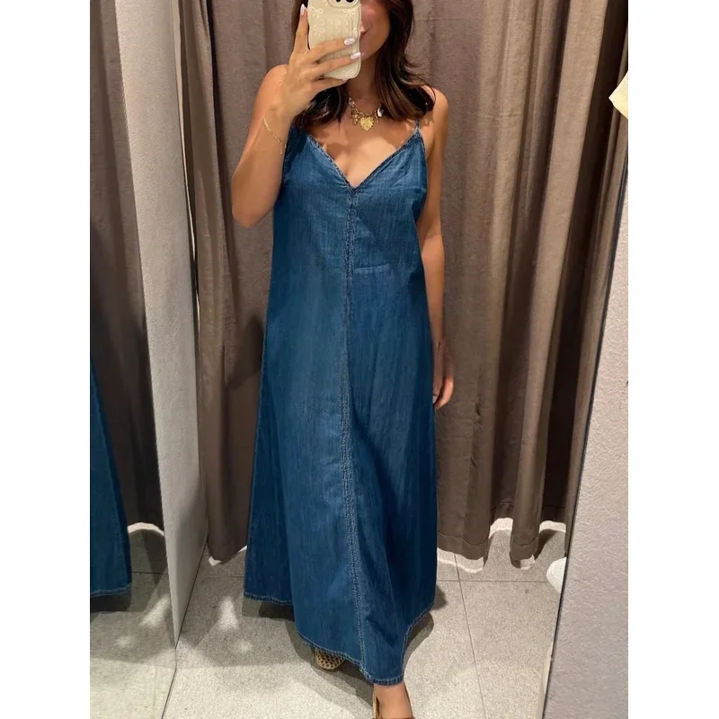 Elegant Casual Retro Ladies Sling Dress Pure Blue V-Neck Backless Long Design Spring Summer Fashion Beach Holiday Wear
