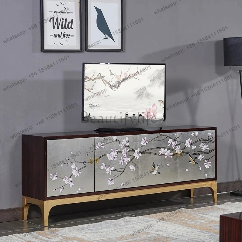 new Chinese modern living room coffee table TV cabinet combination silver foil paint painted solid wood floor cabinet