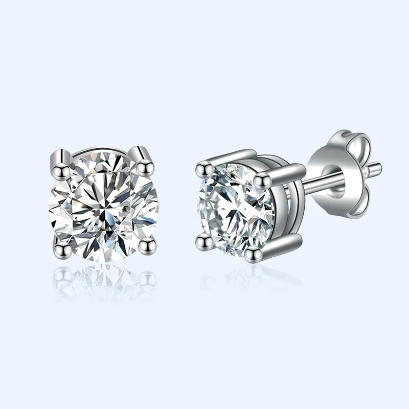 Sterling silver ear studs with geometric round and square motifs featuring simulated moissanite stones in 5mm and 6mm sizes craf