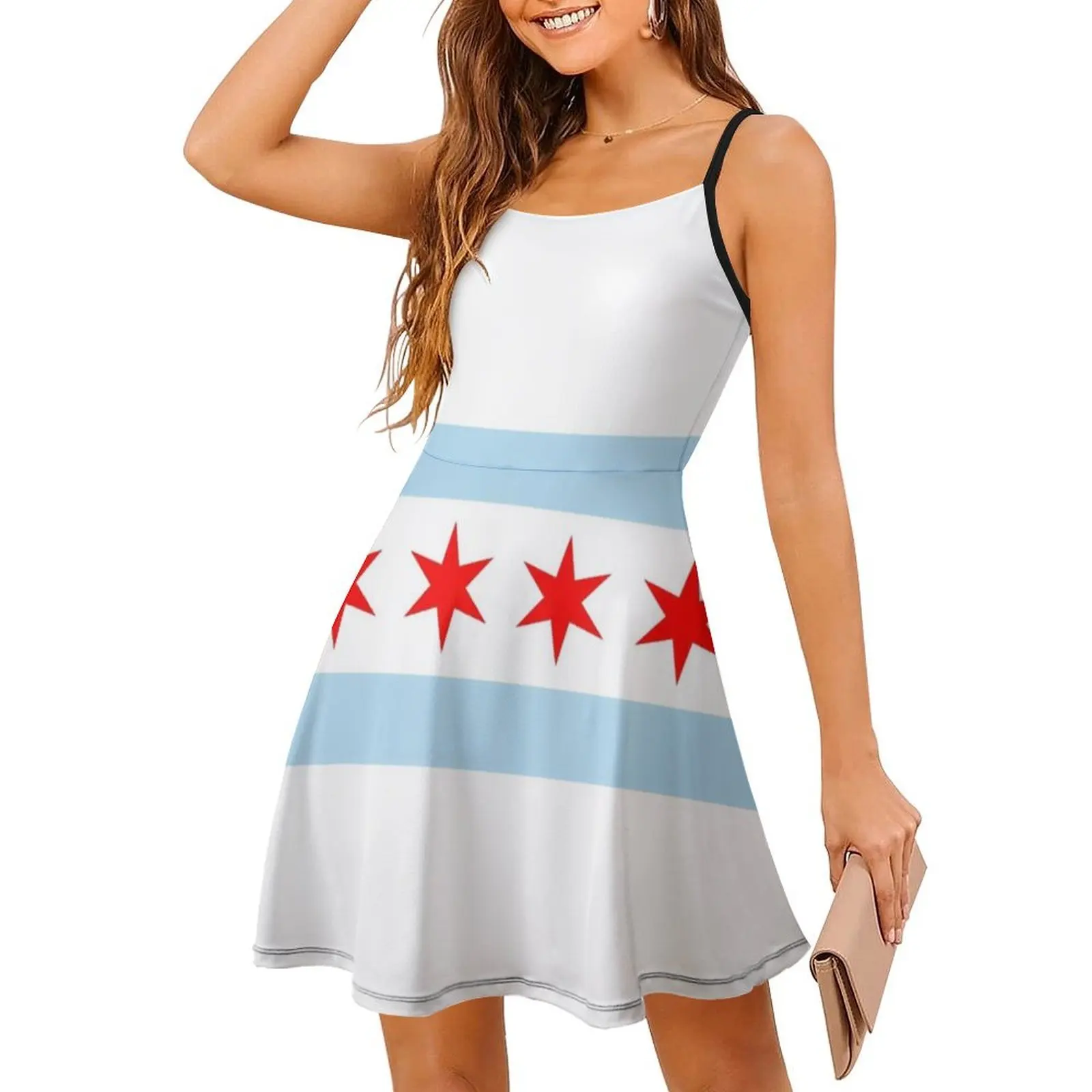 علم شيكاغو فستان بوهيمي عتيق بأكمام منتفخة أو خيارات بلا أكمام للنساء فستان شيكاغو علم شيكاغو إلينوي شيكاغو