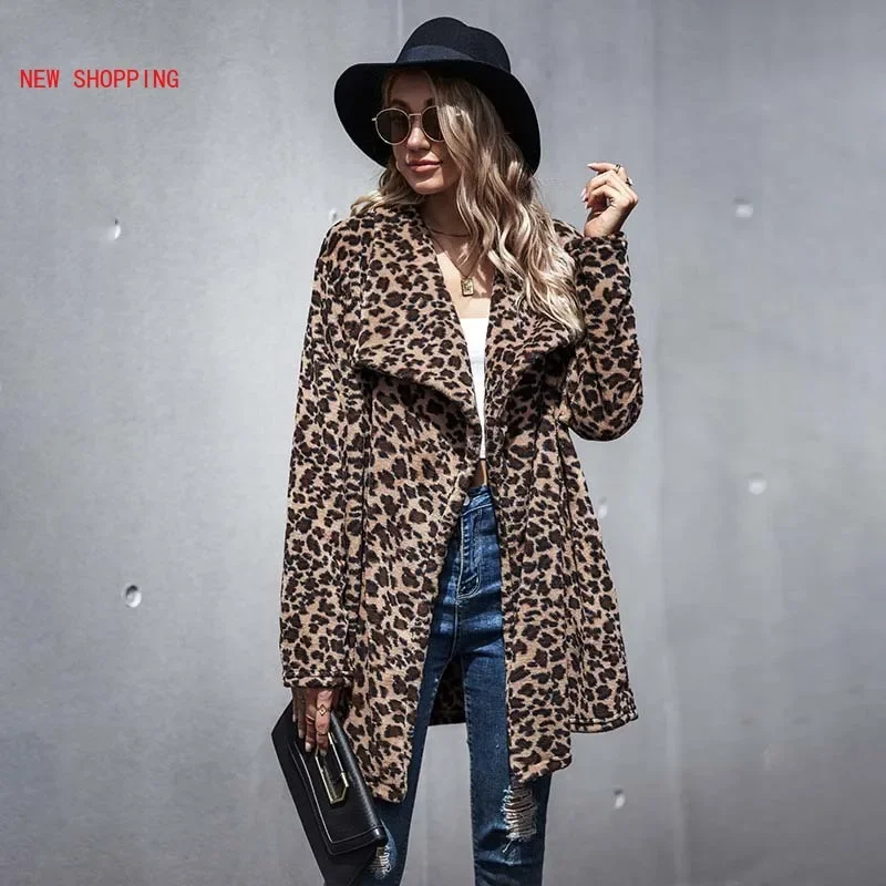 New Women Plush Teddy Coat Autumn Winter Leopard Faux Fur Coats Women Lapel Faux Fur Fluffy Long Teddy Jacket Female Thick Warm