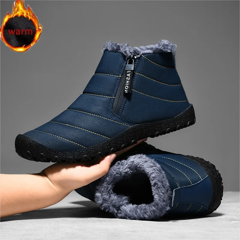 Men Outdoor Snow Boots Warm Cotton Zipper Snow Ankle Boots Unisex Outdoor Waterproof Sneakers Durable Non-slip BareFoot Boots