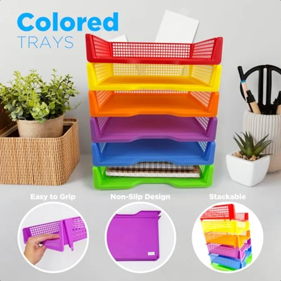 4E's الجدة 6 صواني بلاستيكية ملونة للمعلمين دائم بدوره في صواني الفصول الدراسية ورقة المنظمون سلات تخزين قابلة للتكديس f