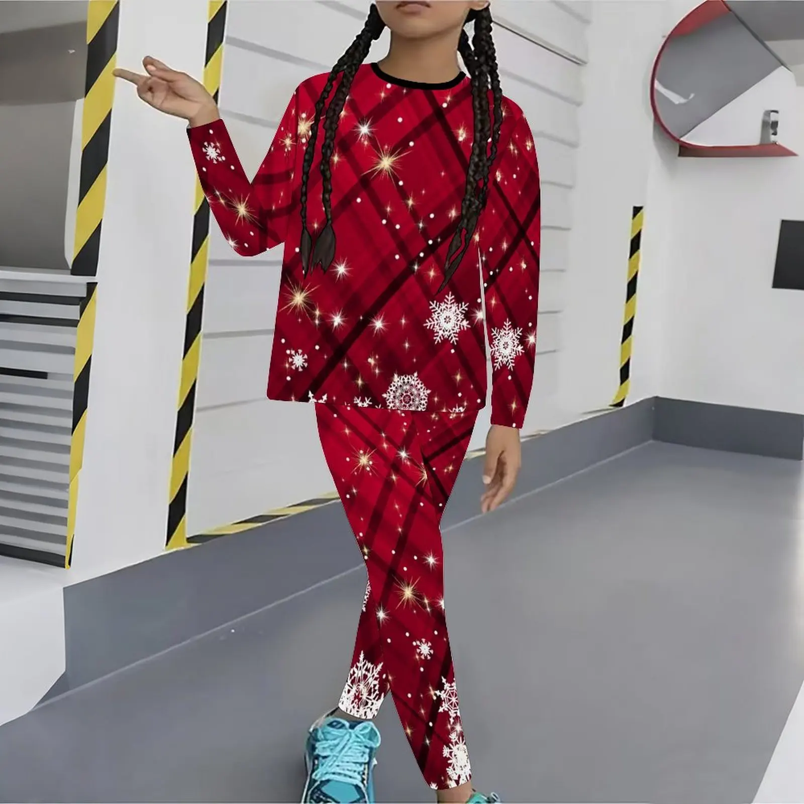 Winter Christmas Jogging Pants Girls Print Long Sleeve Round Neck Top Cute Two-Piece Daily Casual T-shirt Autumn Leggings