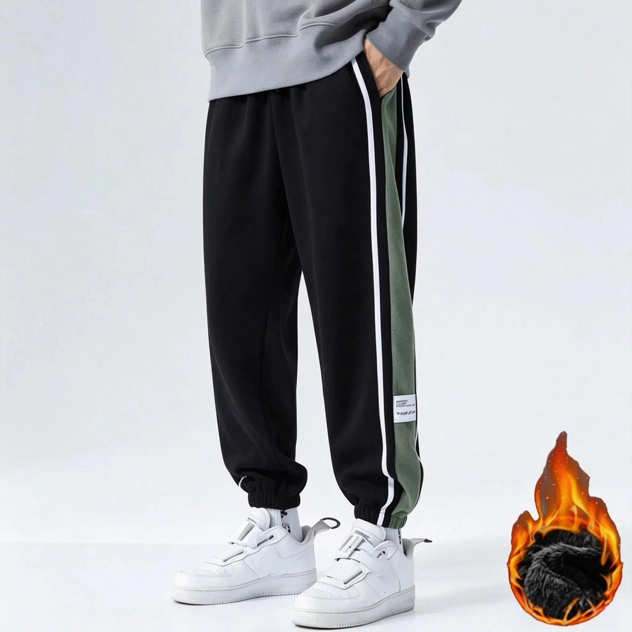 Men Jogger Sweatpants Double Side White Stripe Elastic Waist Drawstring Label Patch Loose Sports Casual Male Trousers