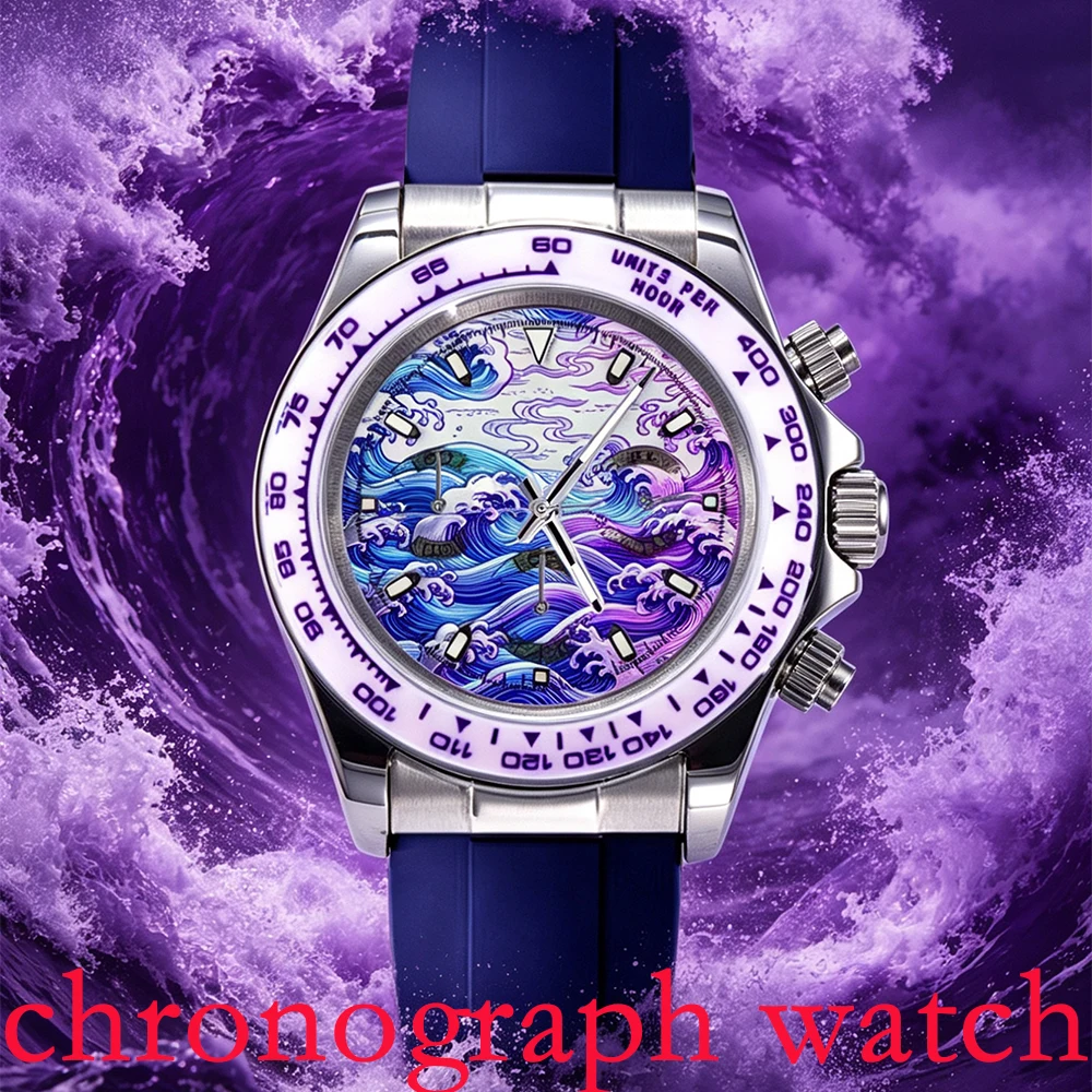 7 Colors Creative dial waves 39.3mm Quartz Chronograph Sapphire Crystal Stainless Luminous Men's Watch VK63 Movement Strap