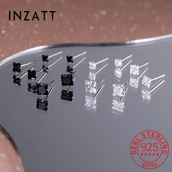 INZATT Real 925 Sterling Silver Square Zircon Stud Earrings For Women Classic Fine Jewelry Minimalist Ear Piercing Accessories