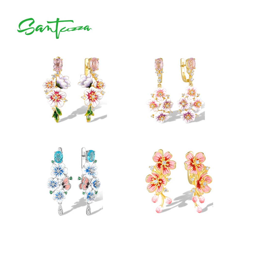 

SANTUZZA Genuine 925 Sterling Silver Drop Earrings For Women Sparkling Colorful Flower Dangling Delicate Wedding Fine Jewelry
