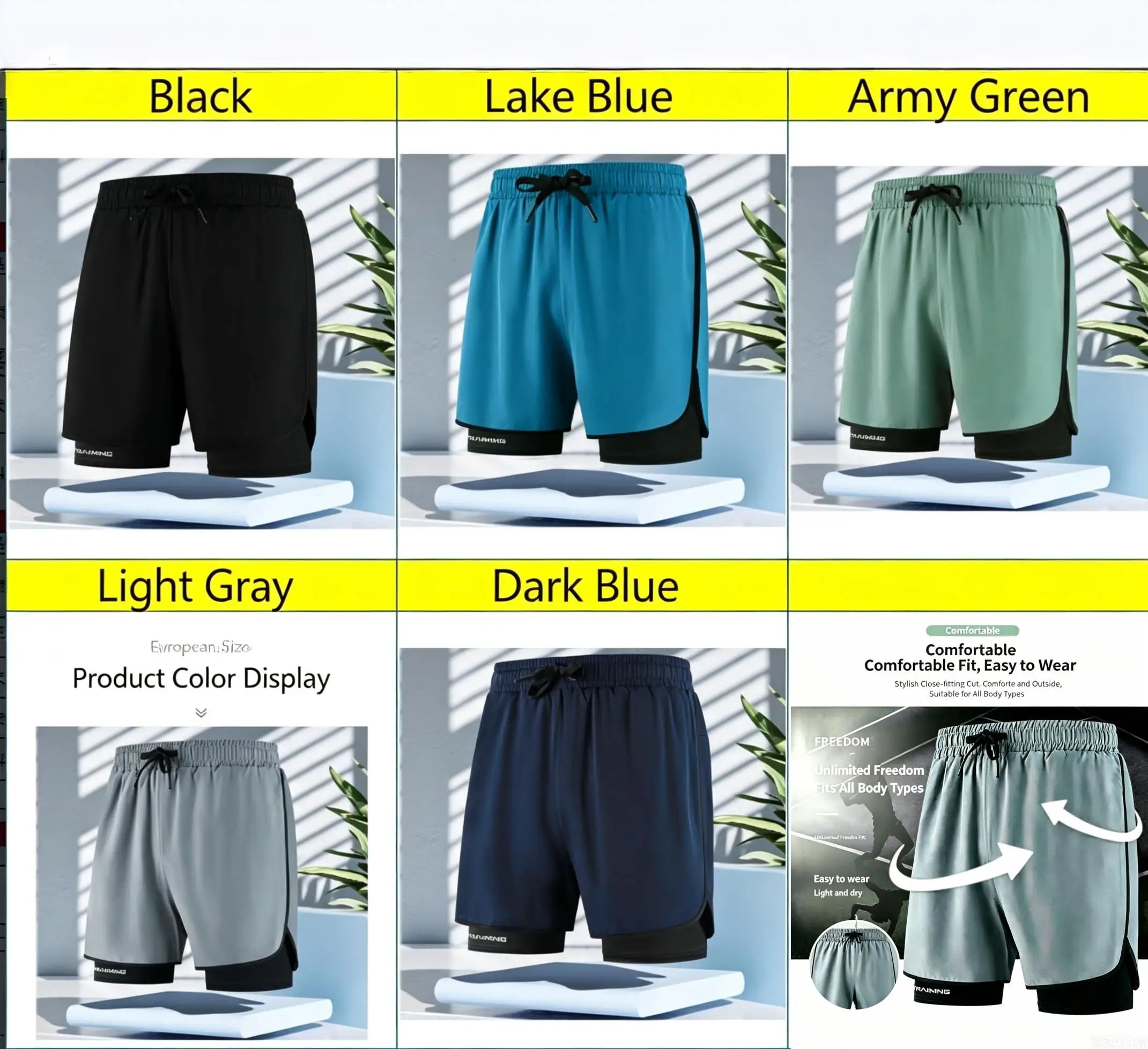 Men Fitness Built-in pocket sports Shorts Summer 2 In 1 Quick Dry Gym Beach shorts Running Double-deck Shorts Outdoor sweatpants