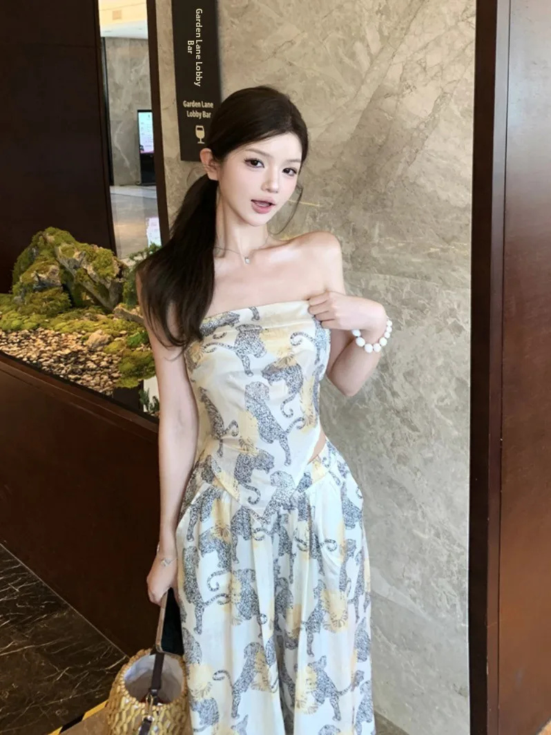 

Ele Ladies Sle без бретелек жилет плюс высококачественные повседневные брюки с принтом женский комплект летний новый модный наряд длинные брюки