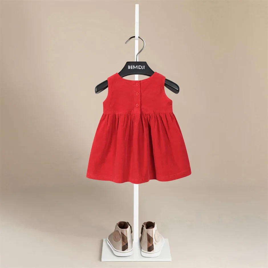 New Autumn Toddler Girl Dress Sleeve Cotton Ruffles Princess Dress Kids Corduroy Red Fashion Baby Vest Dress Outerwear 2pices