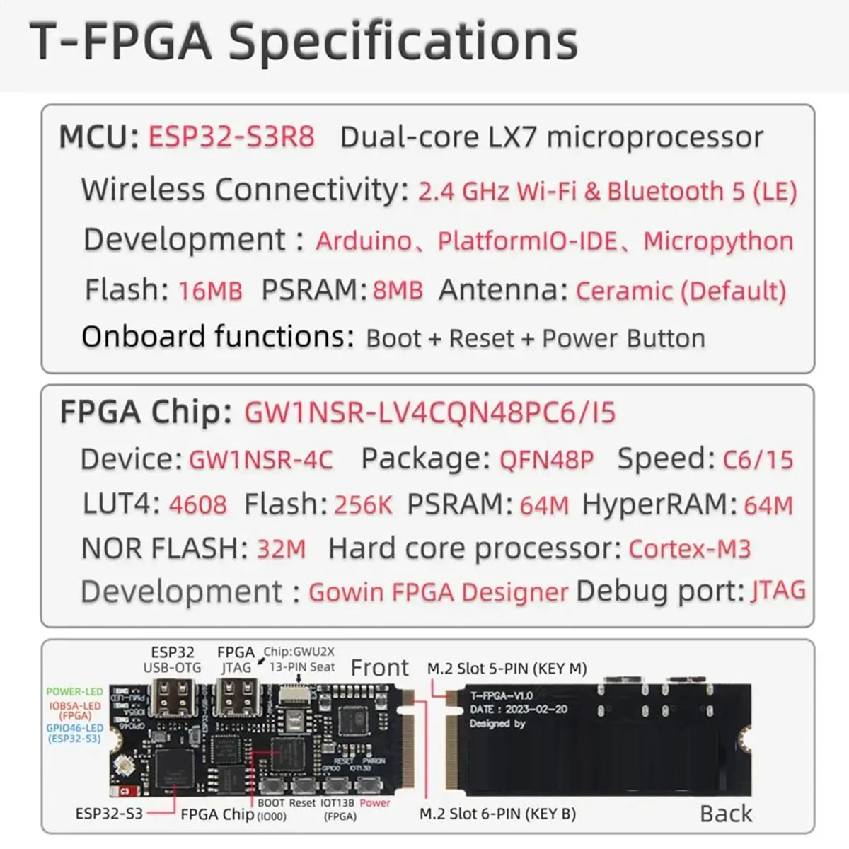 لوحة تطوير Yours T-FPGA ESP32-S3 فتحة M.2 FPGA GW1NSR-LV4CQN48PC6/I5 وحدات تحكم دقيقة منخفضة الطاقة WiFi Bluetooth5