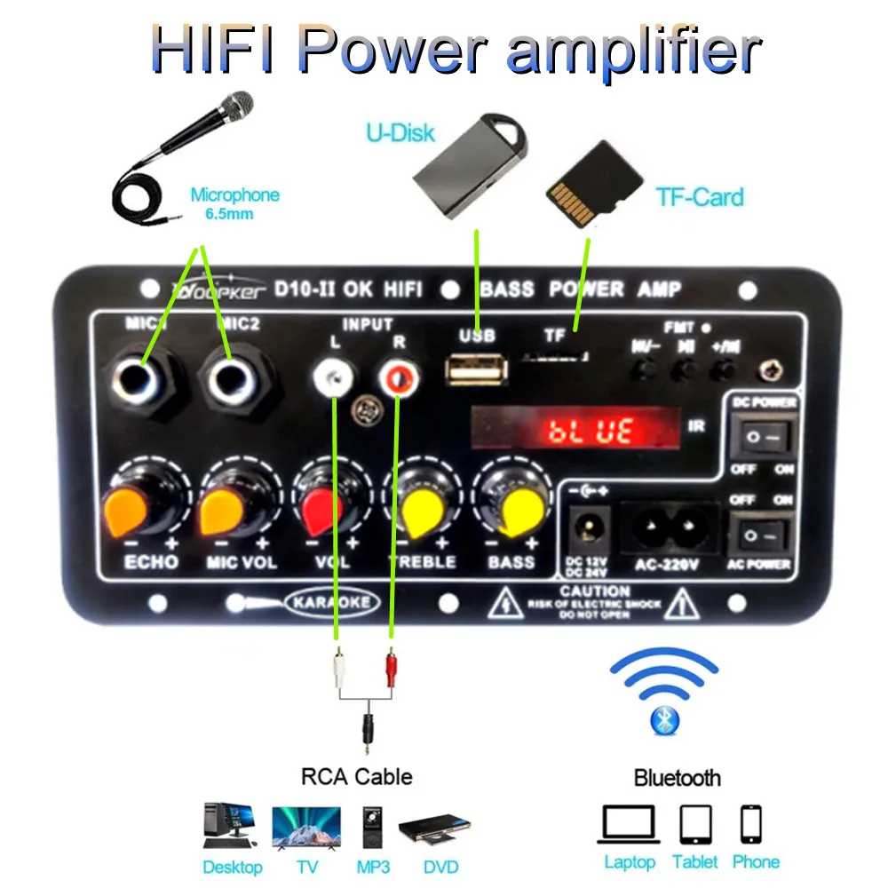 Woopker D10-II Digital Bluetooth Amplifier Board Subwoofer Dual Microphone Karaoke 30-120W Amp Speaker 110V-220V 12V AMP Module