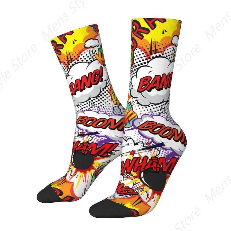 Custom Comic Book Fun Shout Outs Mens Crew Socks Unisex Kawaii Cartoon Graffiti Design Spring Summer Autumn Winter Dress Socks