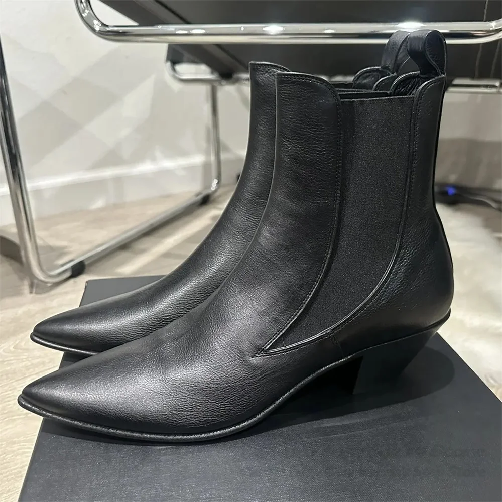 

Chelsea Boots Men Pointed Toe 6Cm High Heels Trend Sleeve Ankle Boot Black Genuine Leather Designer Brand Business Dress Boot