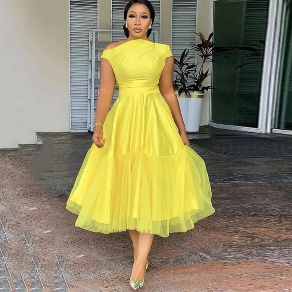 Eeqasn Yellow Midi Formal Prom Dresses A Line Off The Shoulder Evening Gowns 2022 Tea-Length Women Saudi Arabia Homecoming Dress