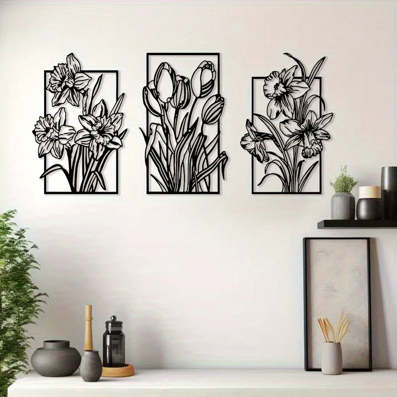 CIFBUY Iron Wall Art 3D Wrought Iron Tulip Metal Sculpture Hanging Plaque Rustproof Home Boho Farmhouse Kitchen Decor