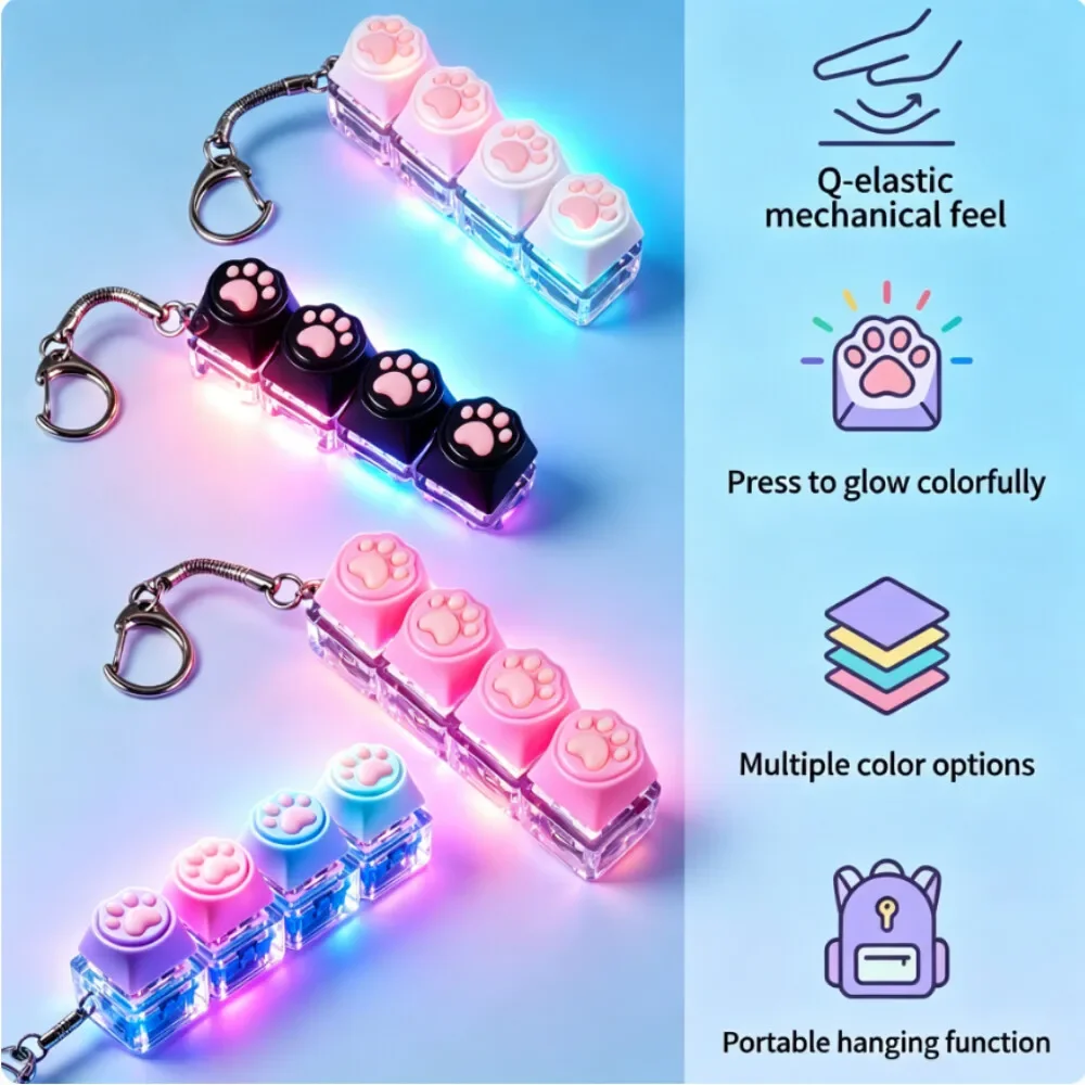 Silicone Cat Paw Keyboard Style Clicker Keychain Glowing LED Light Fidget Toy Stress Relief Button for Anxiety Relief