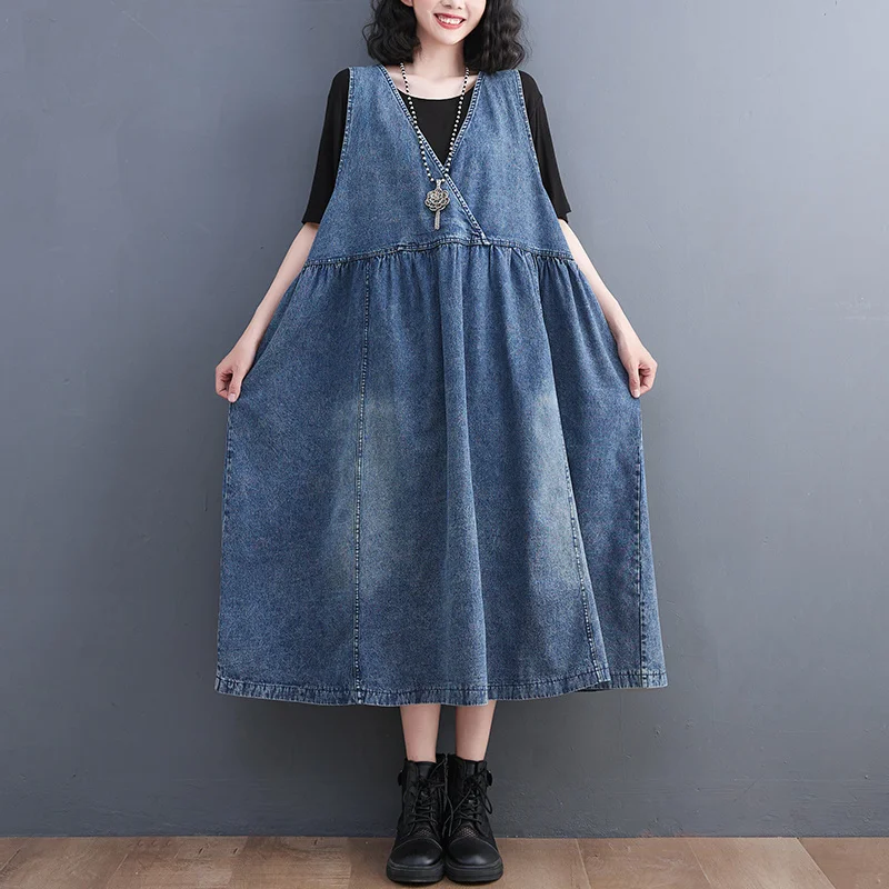 #2707 Vintage Blue Denim Dress Women Sleeveless Tank Top Jeans Dress Female Loose Retro A-line Midi Dress Femme Pockets Summer