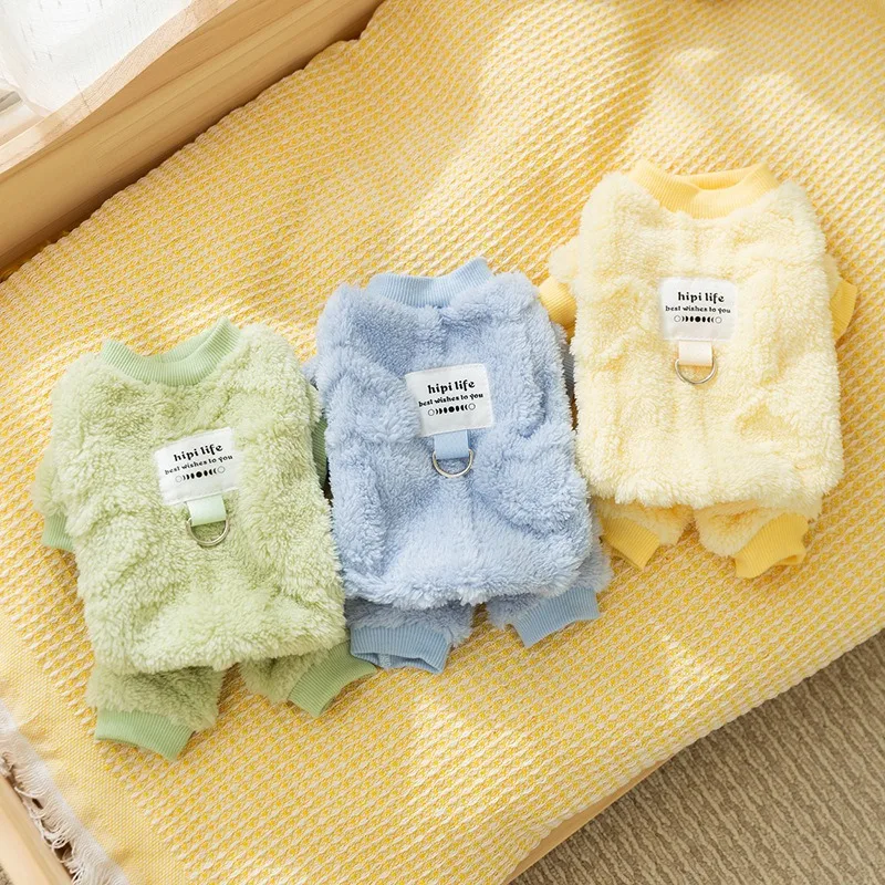 Teddy Solid Color Jumpsuits Puppy Warm Clothes Winter Dog Warm Simple Wind Macaron Cloth Label Four Legs Traction Fleece Jacket