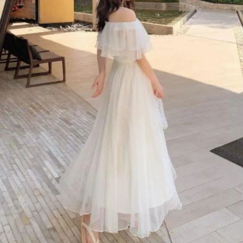 

Long Dresses Vacation Korean Style Solid All-match 2025 Women Chiffon Slash Neck Off-shoulder Summer Vestidos effrff3