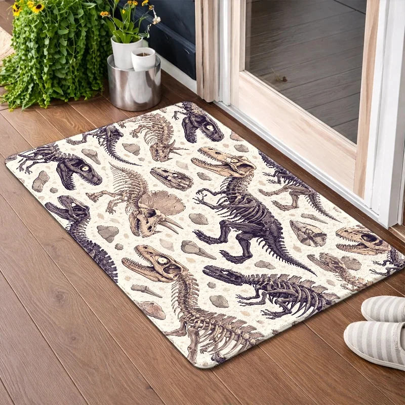 1pc 2D Flat Dinosaur Skeleton Fossils T-Rex Flannel Area Rug Non Slip Prehistoric Kids Carpet For Bedroom Playroom Floor Decor