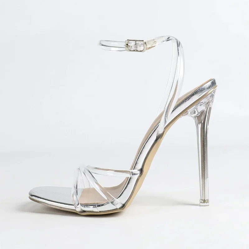 Aneikeh Summer Fashion PVC Transparent Ankle Strap High-heeled Sandals Thin Band Square Toe Exposed Toe Women Banquet Shoes