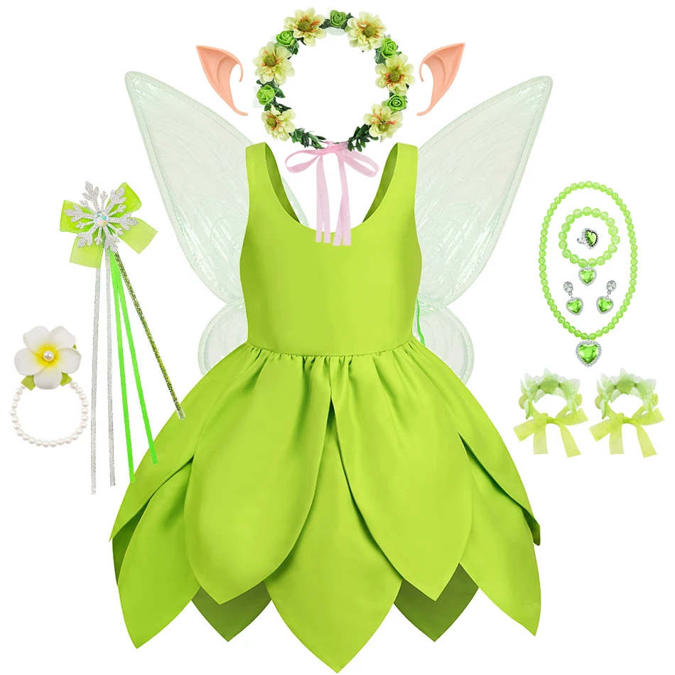Girls Green Leaf Fairy Dress with Wings Set Kids Tinker Bell Inspired Costume for Halloween Birthday Party Photo Shoot Clothes