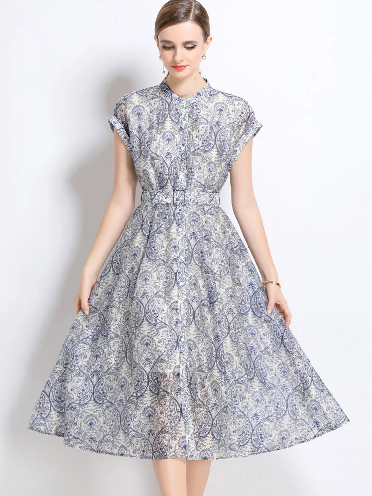 

Retro Floral Print Chiffon Elegant Party Dress Vestidos 2025 Summer Women Fashion Short Sleeve Casual A-Line Dress With Belt