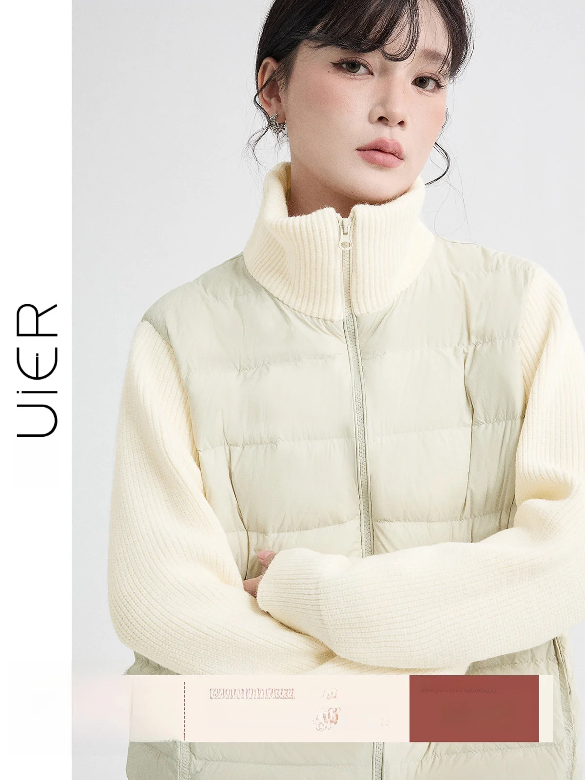 

Guier Knitted Patchwork down Jaet Women's Winter New Sle White Du Feather Warm Stand Collar Fake Two-Piece Outerwear