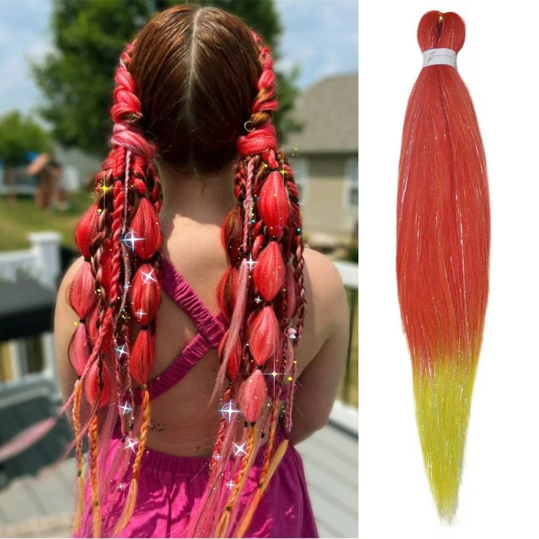 

Green Orange Yellow Ombre Straight Braids Blend Hair Tinsel Festival Rave Hair Extensions for Girls Crazy Hair Day Braids