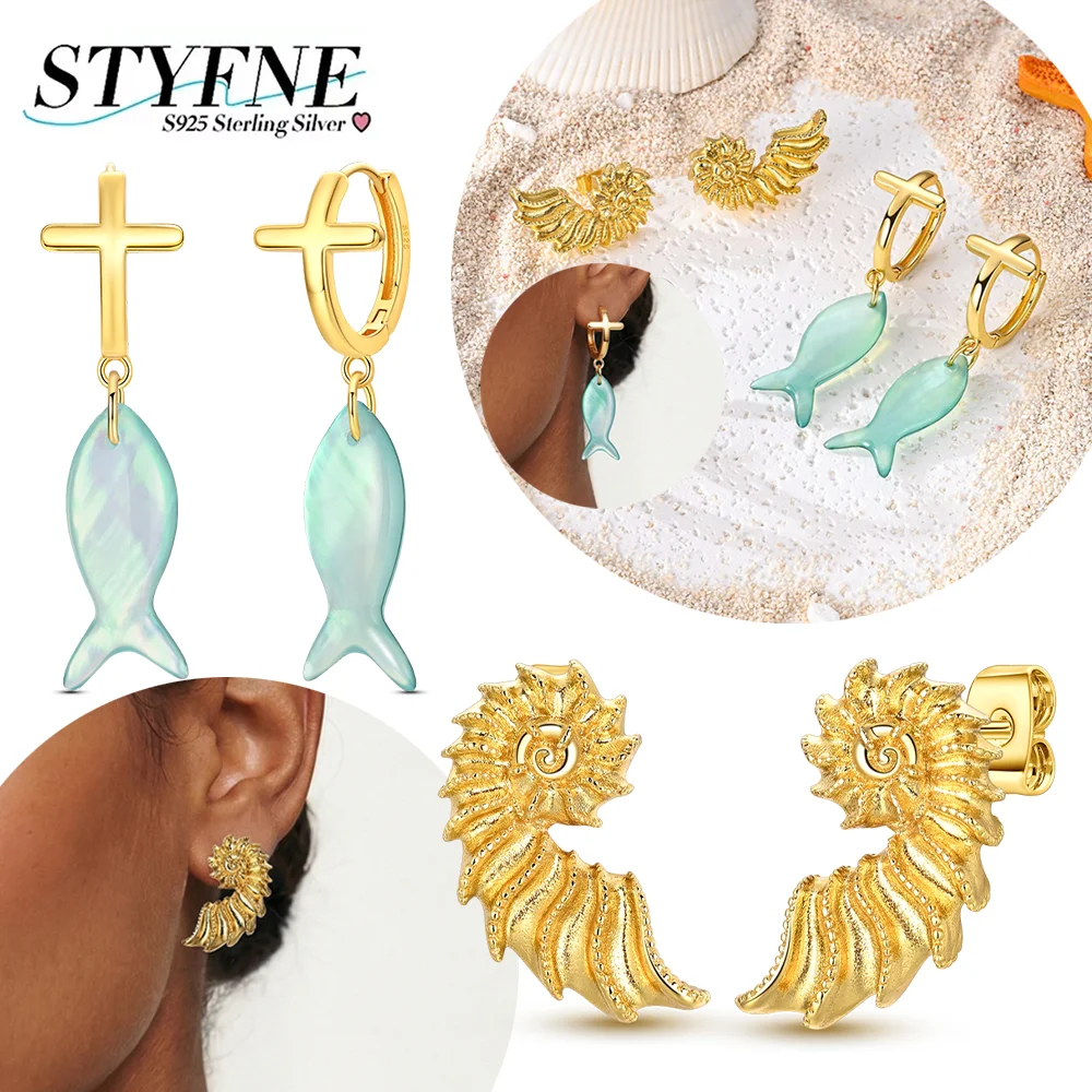 Ocean Earrings 925 Silver Golden Conch Shell Stud Earrings Fish  Hoop Earrings for Women Daily Work Holiday Fashion Jewelry Gift