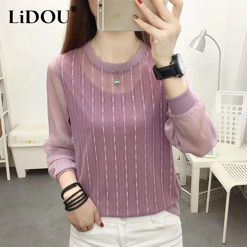 

2023 Spring Autumn New Solid Color Round Neck Long Sleeve Chiffon T-Shirts Women Fashion Lace Patchwork Hollow Out All-match Top