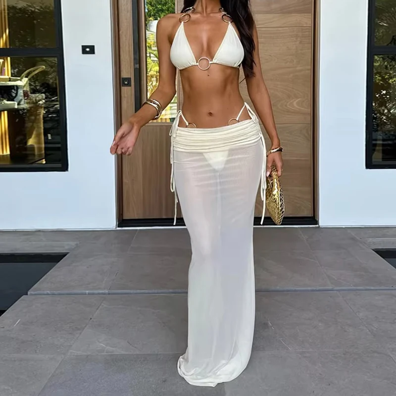 

Bikini Set Women Sexy Triangle Halter G-string Split Biquini See Through Long Skirt 2025 New Chic Design Spice Girl 3 Piece Sets