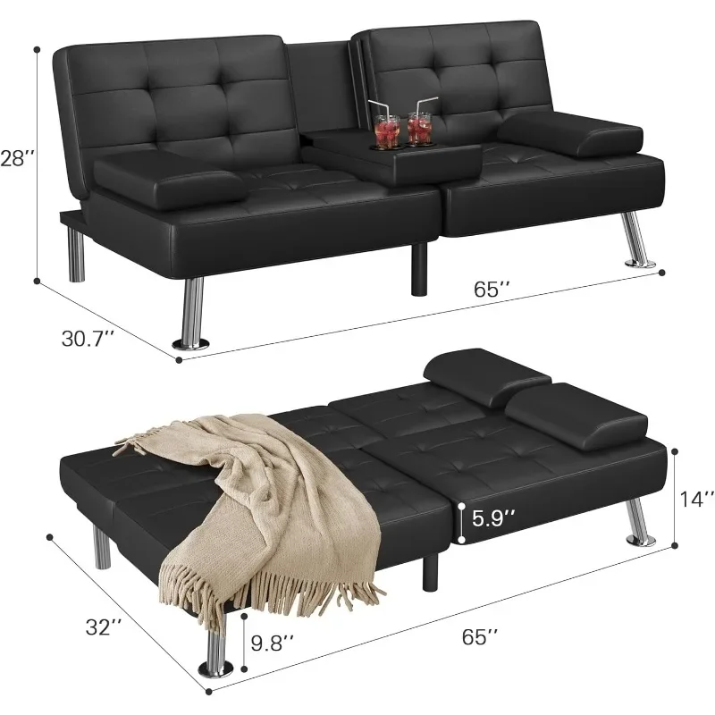 Canapé convertible pliant en similicuir avec accoudoirs perfectionnés, sofa-lit futon pour salon