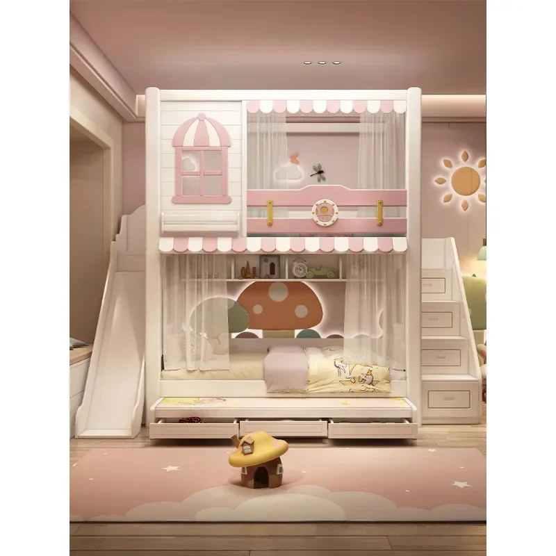 Children's bed with the same width above and below, double-layer parallel high and low bed, upper and lower bunk, small apartmen