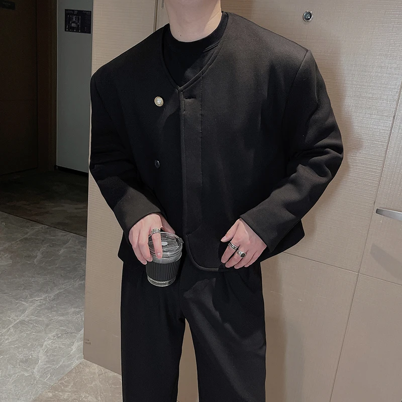 

Spring Summer Fashion Collarless Pearl Buckle Short Jacket Men Simple Loose Casual Jacket for Men Streetwear Harajuku Coat 2024