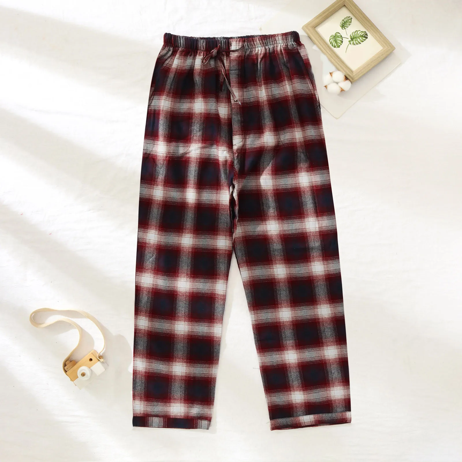 Men\'s Pajamas Pants Casual Plaid Pajama Sleepwear Nightwear Cotton Pants Loose High Waist Straight Long Trousers Loungewear