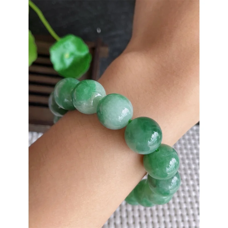 Myanmar Natural a Bracelet Bead Ice-like Full Green round Beads Jade 15 Pieces 74.00G