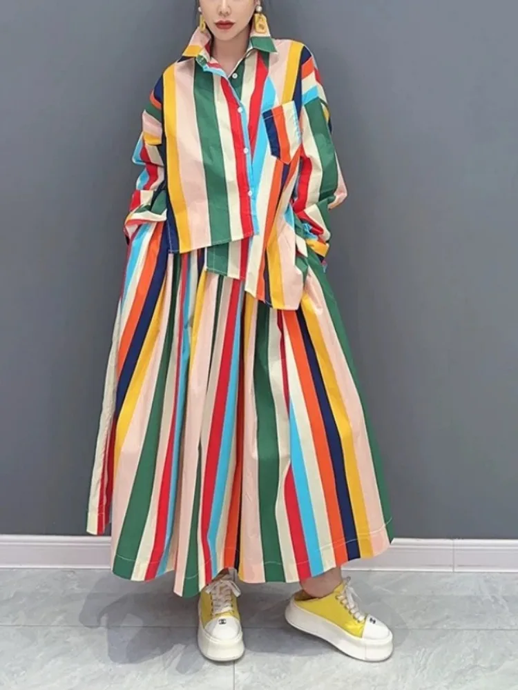

Lemongor Women's Colorful Striped Two Piece Sets Long Sleeves Loose Asymmetrical Lapel Shirts Elastic High Waisted Long Skirts