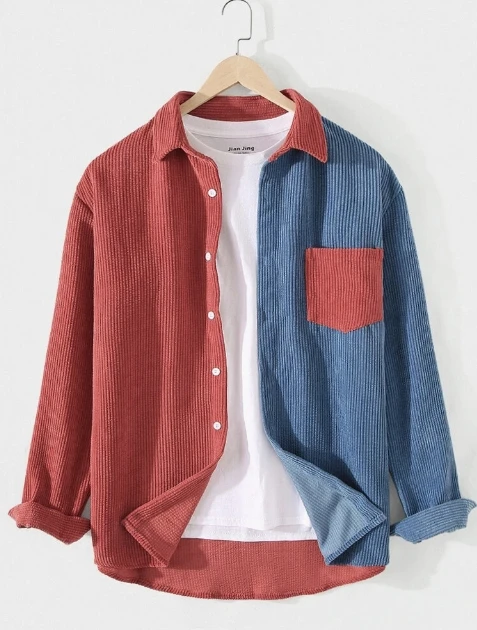 Giacca calda in velluto a coste di colore a contrasto da uomo nuova moda 2024 autunno e inverno nuova giacca da uomo camicia con risvolto T-shirt alla moda 한상