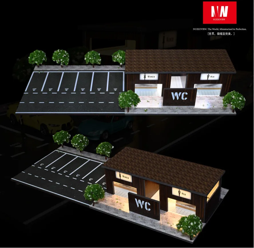 Diorama 1:64 modelo de garaje de inodoro iluminación LED tricolor ciudad calle escena estacionamiento vitrina modelo de juguete