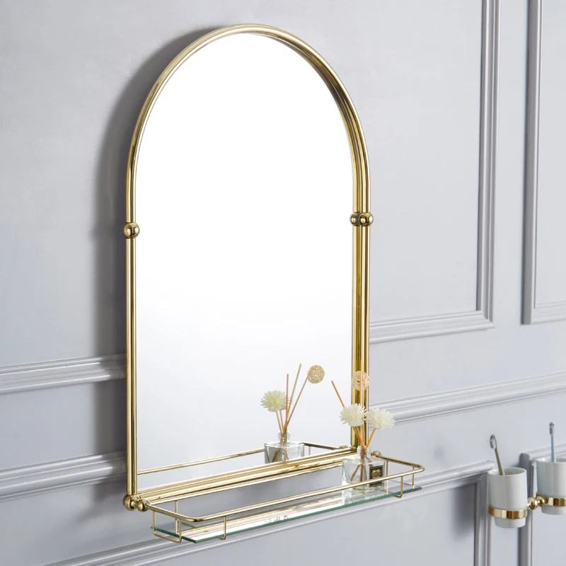 Luxury metal bathroom vanity mirror, retro bathroom mirror, brass chrome plated gold Nordic wall mounted makeup mirror