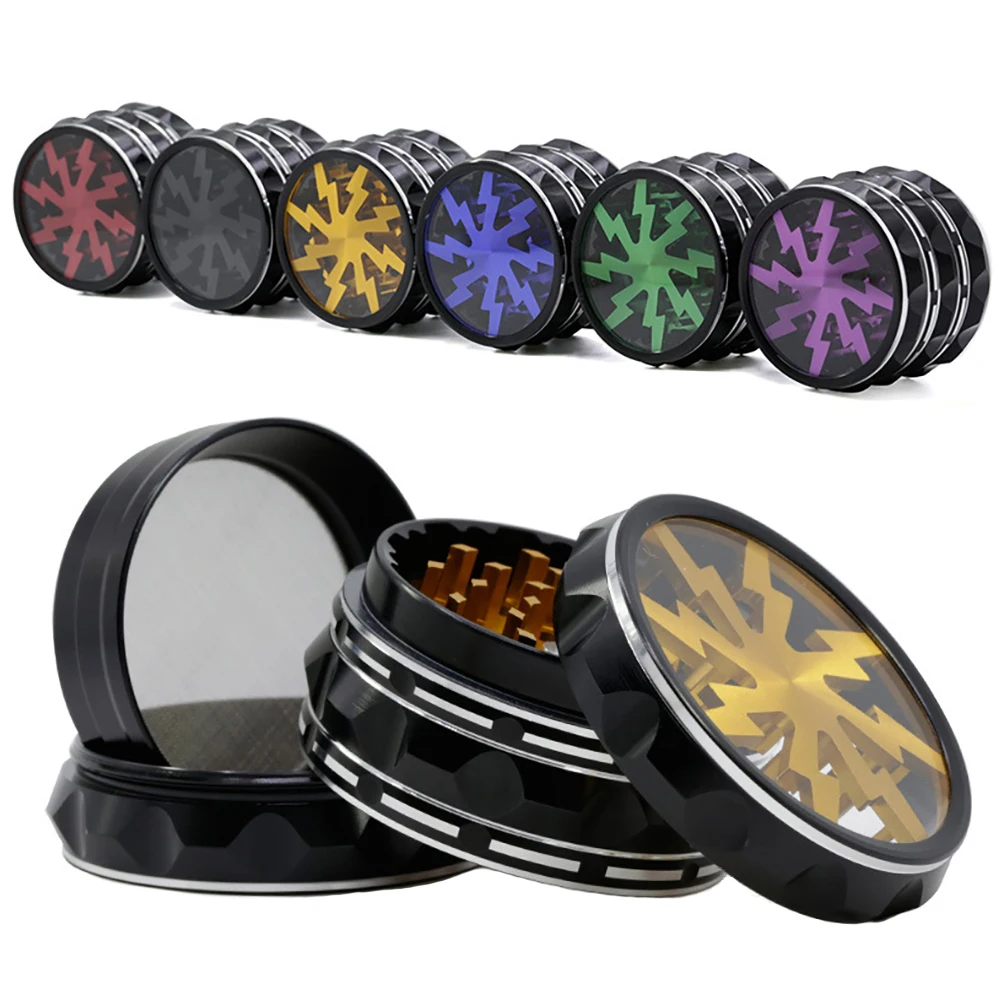 60mm Al Alloy Herb Grinder, 4-parts Metal Spice Mills, Transparent Skylight Tobacco Crusher, Smoking Accessories for Smoker Gift