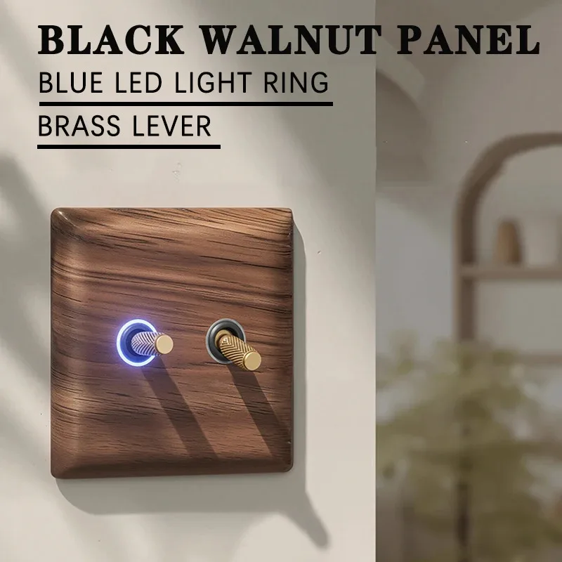 

Solid Wood 1-4 Gang Dual Control Light Switch UK/EU Standard Vintage Brass Outlet 86x86mm with Blue LED Indicator 110-250V