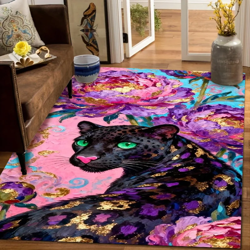 VIKAMA Luxury Black Leopard Rug Pink Peony Gold Art Print Anti Slip Floor Mat Aesthetic Carpet For Indoor Home Decoration