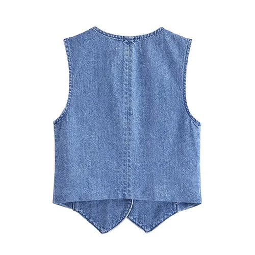 Imagen 2 del producto Willshela, chaqueta sin mangas de un solo pecho azul vaquera a la moda para mujer, chaleco Vintage con cuello en V, chalecos de oficina para mujer