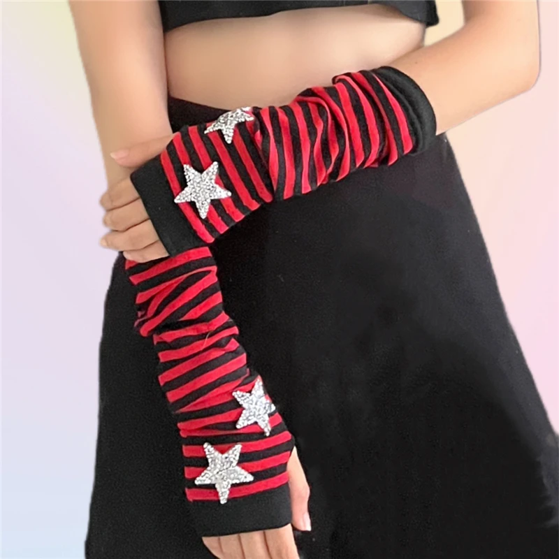 Harajuku Y2k kobiety długie rękawiczki bez palców gotyckie punkowe dziewczyny słodkie gwiazda z kryształu górskiego paski Arm Warmer rękawiczki z