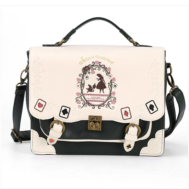 2023 New Alice In Wonderland Shoulder Bag Axes Femme Vintage Student Schoolbag Playing Cards Silhouette Handbag Leather Bag