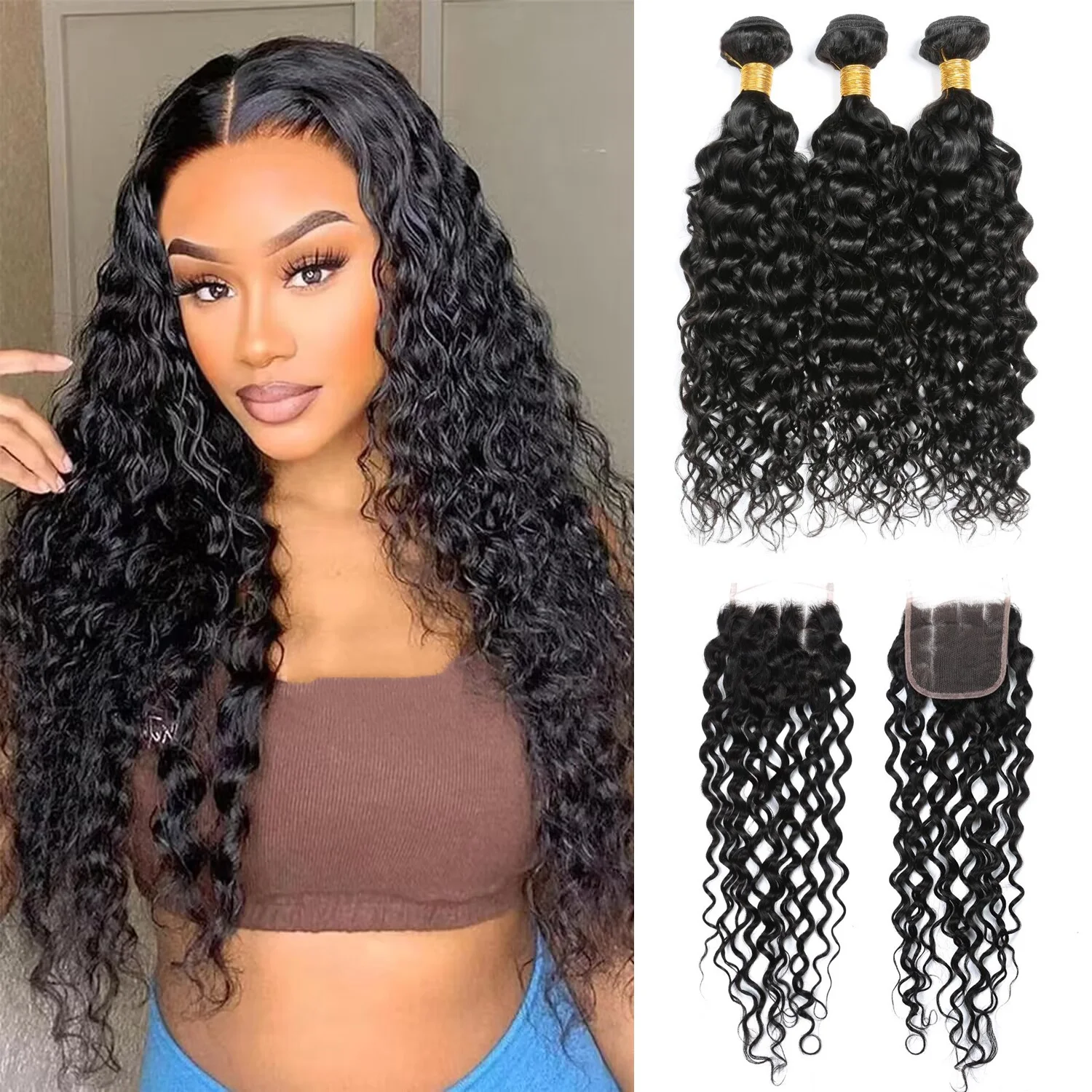 Water Wave Hair 3 Bundles With Closure 100% Natural Human Hair Weave Bundle With 4x4 Closure Human Hair Extensions Natural Color